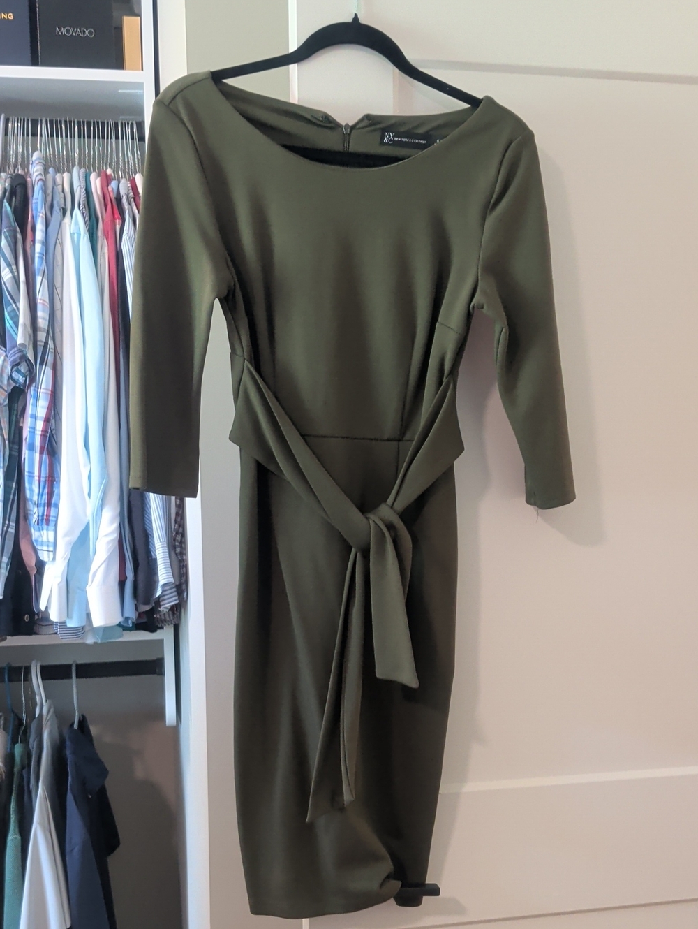 New York & Company Olive Green Tie-Waist Midi Dress